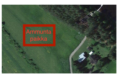 Esimerkki: ilmakuva, johon ammuntapaikka on merkitty punaisella laatikolla